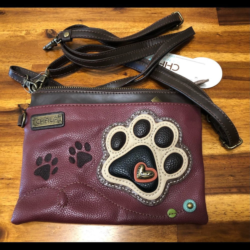 Chala Handbag Purse Dog Paw Print Maroon Leather